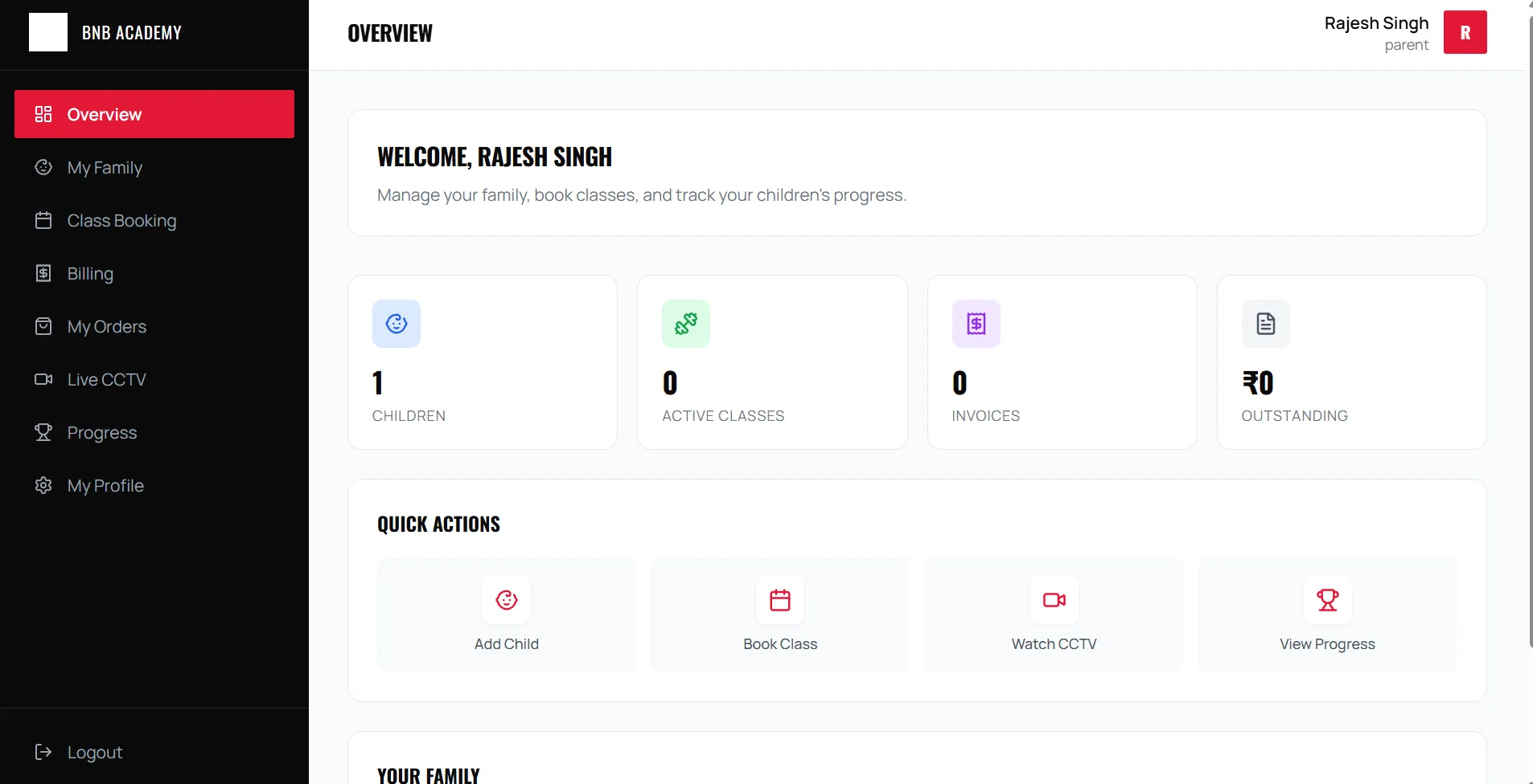 Parent dashboard for sports academy software with family and billing tools